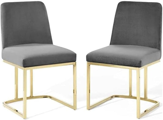 Modway Amplify Sled Base Performance Velvet Dining Side Chair - Set of 2 in Gold Gray