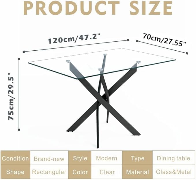 Tempered Glass Dining Table with Black Metal Legs, 47in Modern Rectangular Kitchen Table for Kitchen Dining Room Home Office (47.24 * 27.55, Black)