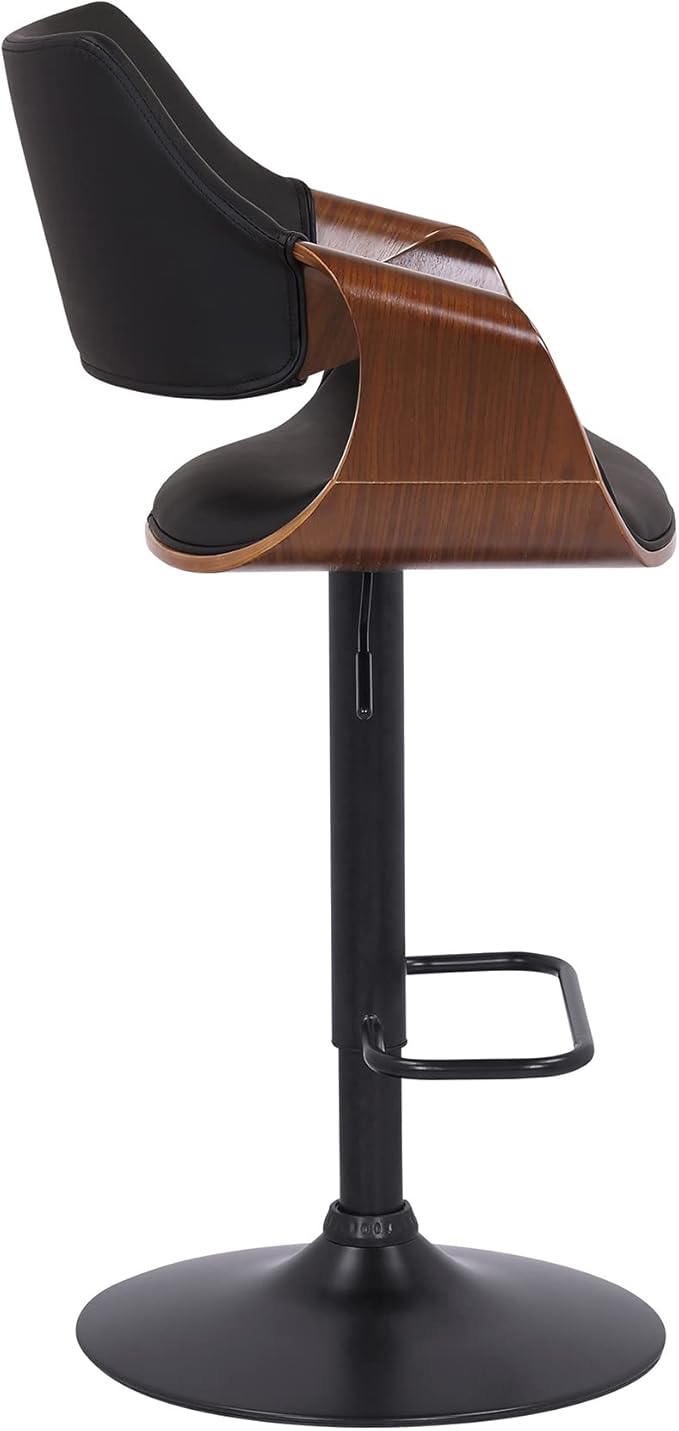 Armen Living Aspen Modern Adjustable Height Swivel Black Faux Leather and Walnut Wood Bar Stool with Black Base for Kitchen Island Counter