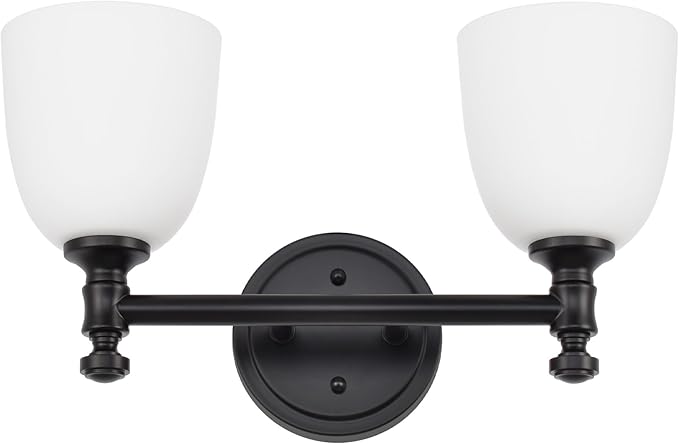 Black Bathroom Vanity Light, 2-Light Bathroom Light Fixtures Over Mirror, Traditional Vanity Lights for Living Room, Milk White Bell Glass Shades, Standard E26 Base, Matte Black