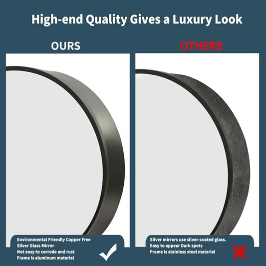 Movo Round 30 Inch x 30 Inch Black Metal Framed Bathroom Mirror Medicine Cabinet, Circular Storage Cabinet Surface Mounted