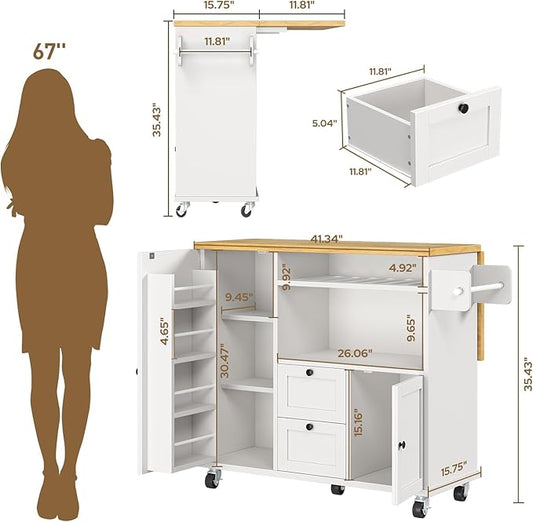 Rolling Kitchen Island with Storage Cabinet, 41.3'' Width Kitchen Cart with Desktop Drop Leaf Countertop, Portable Mobile Island with Towel Rack, Spice Rack Shelf, White