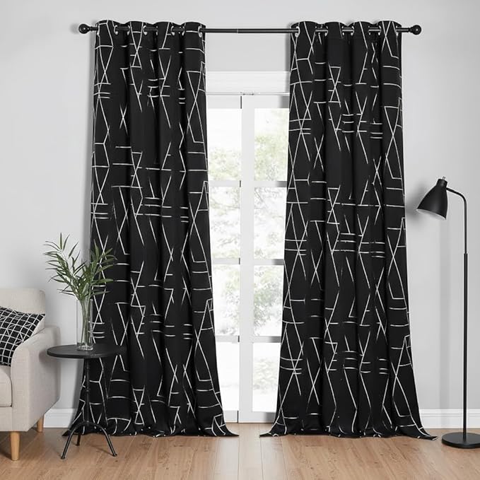 NICETOWN Blackout Curtains for Patio, Modern Foil Printed Geometric Line Home Decoration Thermal Insulated Grommet Blackout Drapes for Large Window Living Room (2 Panels, 52 inches x 95 inches, Black)