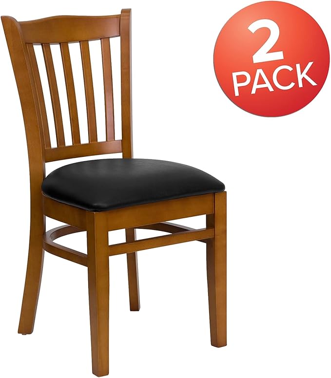 Flash Furniture 2 Pk. HERCULES Series Vertical Slat Back Cherry Wood Restaurant Chair - Black Vinyl Seat