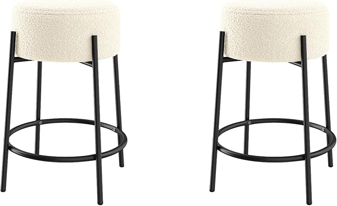 Nathan James Isaac 24" Modern Backless Bar Stool with Round Soft Padded Boucle Seat and Metal Mid-Century Base, Boucle White/Black, Set of 2