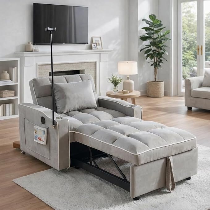 Sleeper Chair, Convertible Pull Out Chair Sleeper with Bracket and Cup Holder, Chairs Bed Sleepers for Adults, 3 in 1 Sofa Bed Chairs for Small Spaces, Living Room, Light Gray