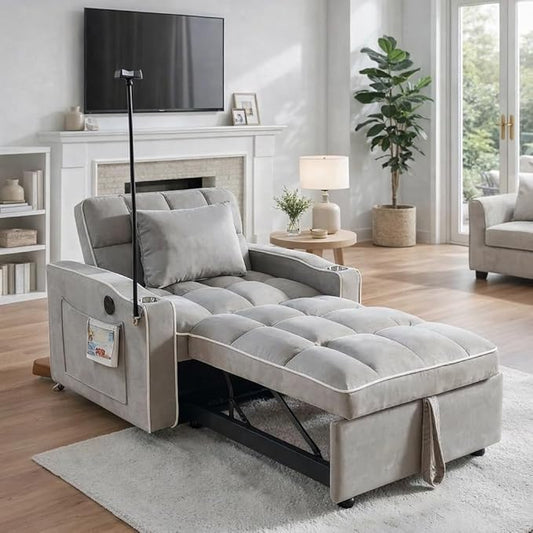 Sleeper Chair, Convertible Pull Out Chair Sleeper with Bracket and Cup Holder, Chairs Bed Sleepers for Adults, 3 in 1 Sofa Bed Chairs for Small Spaces, Living Room, Light Gray