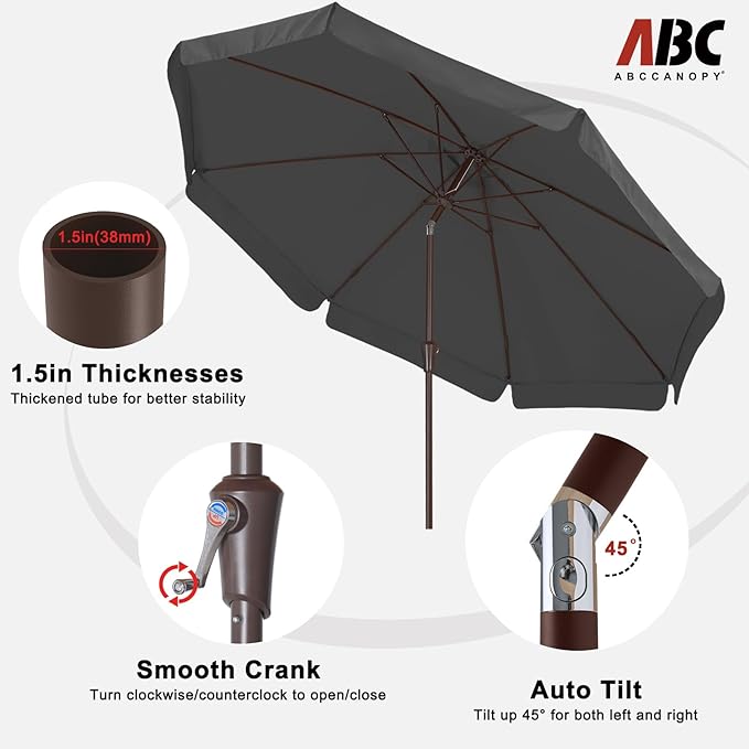 ABCCANOPY 9ft Scalloped Patio Umbrella, Outdoor Table Umbrella with Tilt and Crank, Fiberglass Ribs Deck Umbrella for Patio, Pool, Garden, Picnic (Deep Gray)