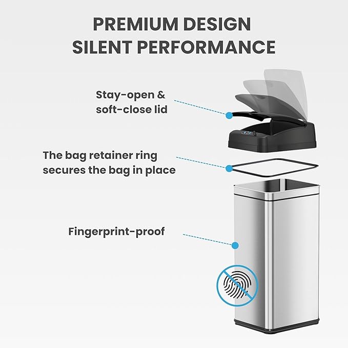 iTouchless 13 Gallon Patented Sensor Trash Can with Lid & Odor Filter, Original Inventor 50L Automatic Kitchen Garbage Bin, Fingerprint-Proof Stainless Steel, Pet-Proof Lock, Soft-Close, Silver