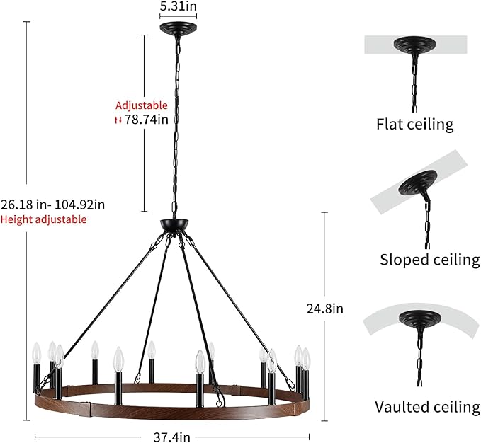 Wagon Wheel Chandelier 37.4 inch, 12-Light Farmhouse Wagon Wheel Chandelier with Dark Wood Grain Finish, Round Industrial Farmhouse Chandeliers for High Ceilings Living Dining Room Foyer Outdoor Porch