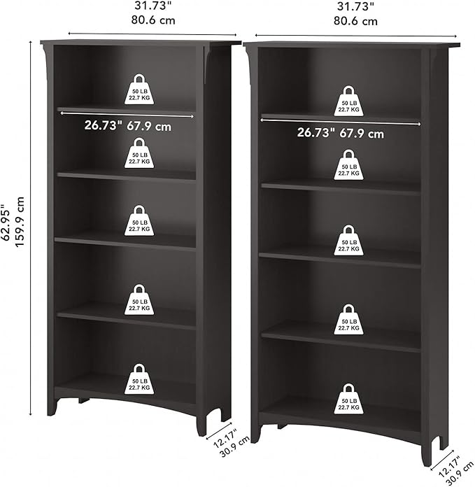 Bush Home Salinas Tall 5 Shelf Bookcase - Set of 2 in Vintage Black, Vertical Office Storage, Bookshelves for Home Workspace, Multi-Purpose Shelving Units