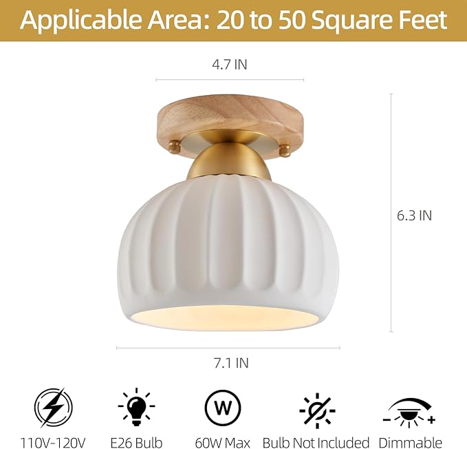 Ceramic Wood Brass Semi Flush Mount Ceiling Light Vintage Hallway Light Fixtures, Modern Small Ceiling Mount Light Lamp for Hall Kitchen Entryway Passway Porch Foyer