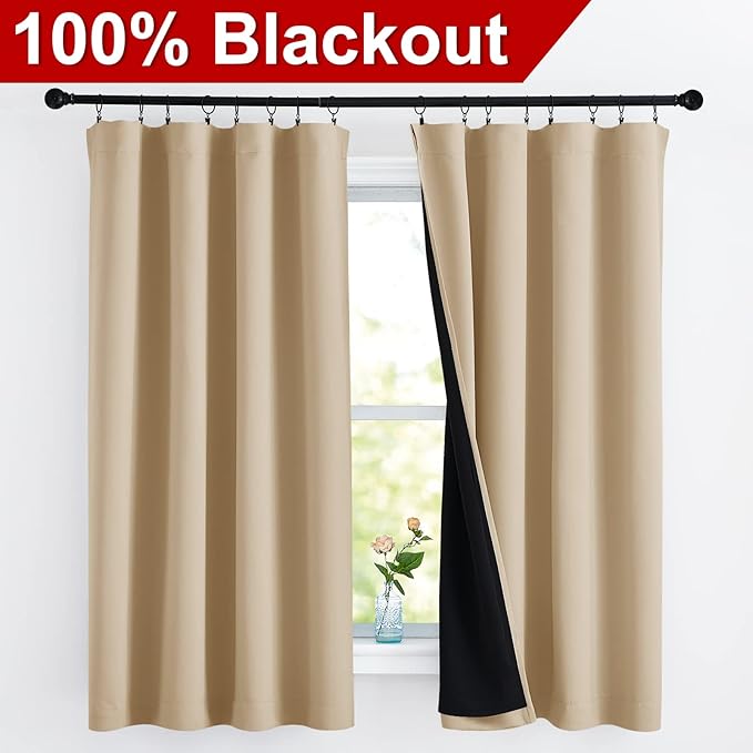 NICETOWN Bedroom Full Blackout Cold Blocking Curtain Panels, Super Thick Insulated Window Covers, Rod Pocket Draperies with Black Liner for Short Window (Biscotti Beige, Set of 2, 52 by 63-inch)