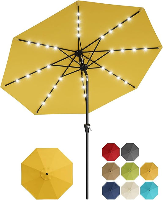 Garvee 9FT Solar Patio Umbrella with 32 LED Lights - Outdoor Table Umbrella with Crank Lift, Push Button Tilt and 8 Sturdy Ribs - Market Umbrella UV Protection for Pool, Deck, Yard, Garden -Yellow