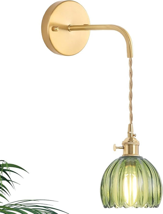 Vintage Wall Sconce Wall Lamp Green Tulip Shade Pattern Glass Adjustable Chain Retro Gold Wall Mounted Light, Wall Lamp Fixtures Decor for Bedside Bedroom Indoor Doorway