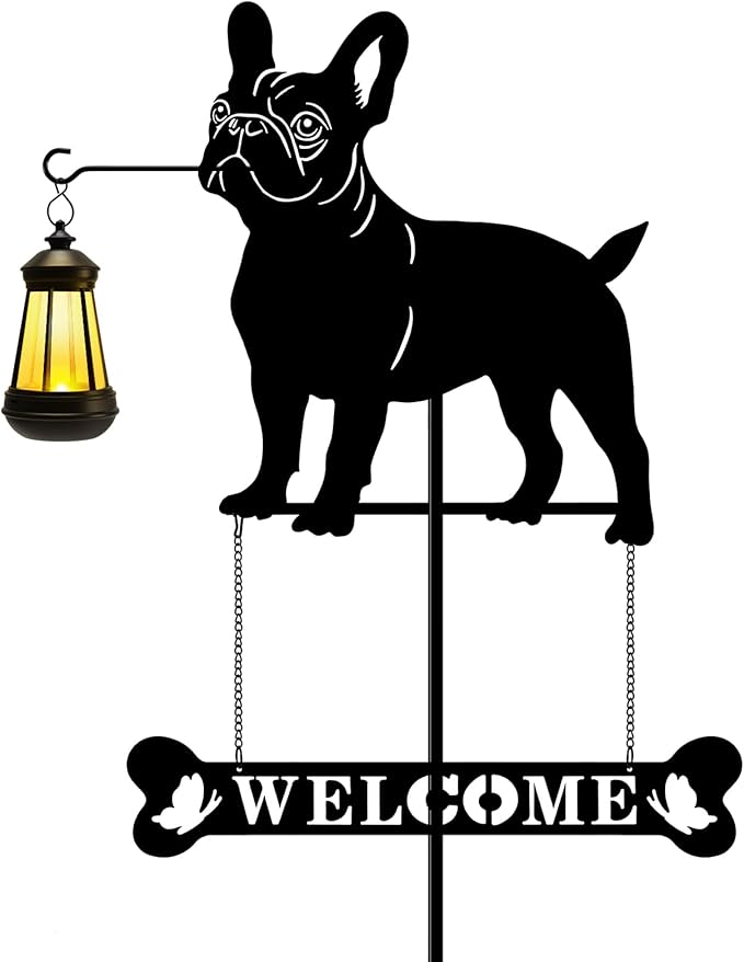 Tfro & Cile Solar Light Garden Stake 45 Inch Black French Bulldog Welcome Sign Decorative Dog Lantern Ornament Outdoor Garden Decor for Lawn Yard Patio