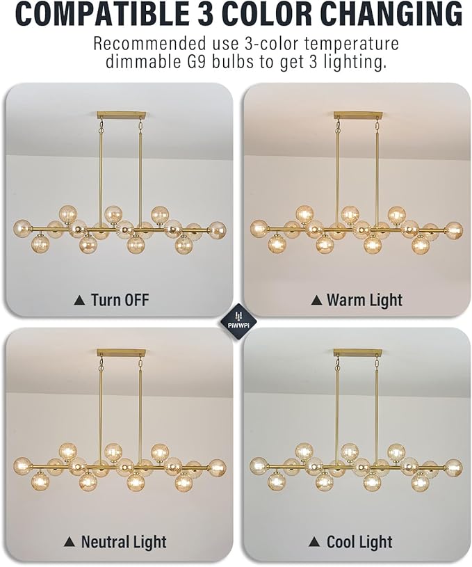 55" Long Brass Gold Chandeliers for Dining Room Kitchen Island, Large Globe Sputnik Linear Chandelier, 16 Lights Mid Century Modern Light Fixture Over Table, Amber Bubble, GC-08
