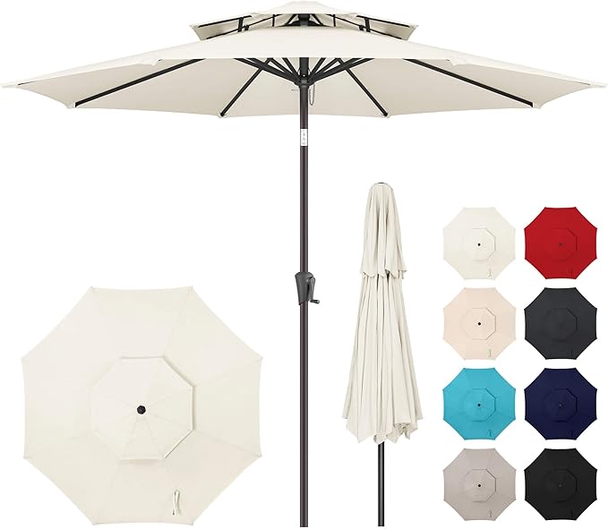 9ft Outdoor Patio Umbrella - 2-Tier Table Umbrella Waterprool UV Protection, Sombrillas de Patio with Push Button Tilt, Sun Umbrella for Pool, Porch, Garden, Backyard (Ivory)