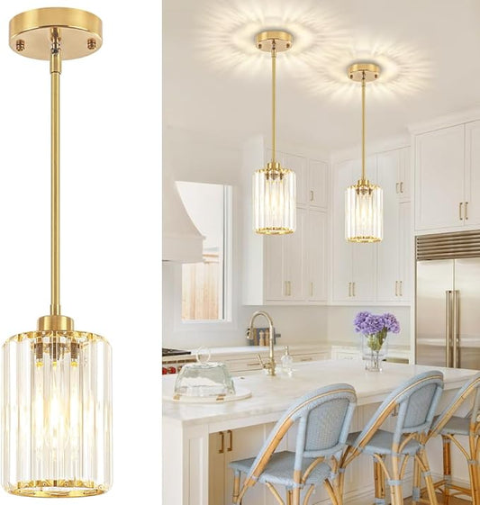 2 Pack Pendant Lights Kitchen Island, Modern Brushed Gold Pendant Light Fixtures, Kitchen Hanging Lights Mini Chandelier Crystal Pendant Lighting for Island Dining Room Hallway Bedroom