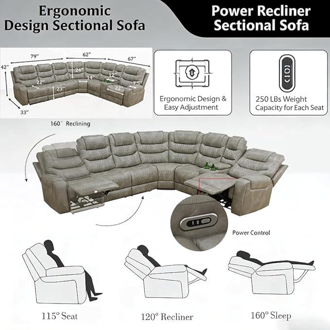 Power Reclining Sofa Set with LED Light, Living Room Furiture Set,Leather Reclining Sectional Couch with USB Port/Cup Holder for Living Room Home Office