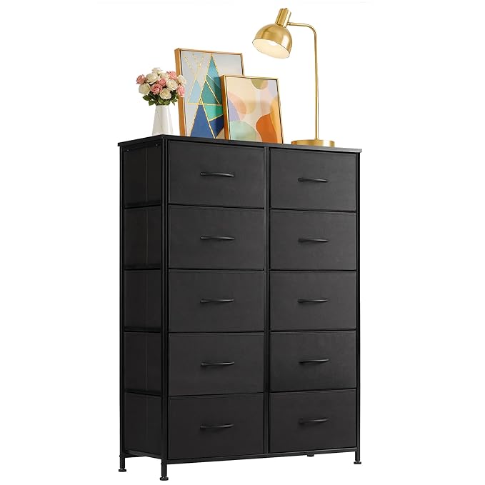 10-Drawer Fabric Dresser, Chest of Drawers Clothes Cabinet for Closet & Bedroom, Storage Organizer with Steel Frame for Entryway, Dorm, Living Room, Black