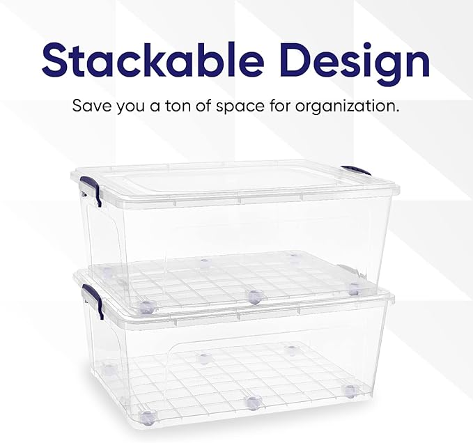 Superio Clear Storage Bin with Lid, Large Stackable Container with Lid, 60 Quart Wheeled Storage Box for Home, Garage, Storage