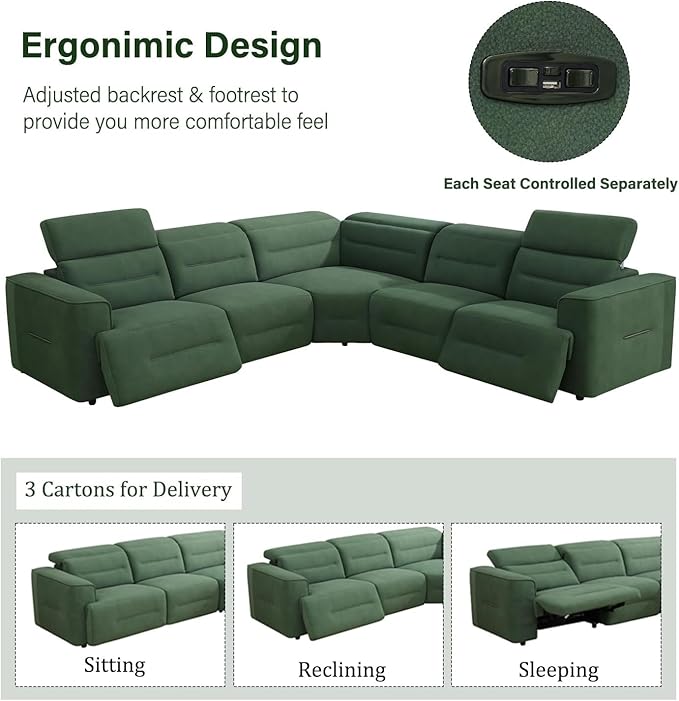 Power Recliner Sectional Couch, Flannel Living Room Furniture Set, Reclining Corner Sectional Sofa with USB Ports for Home/Office (Green, 5 Seater Couch)