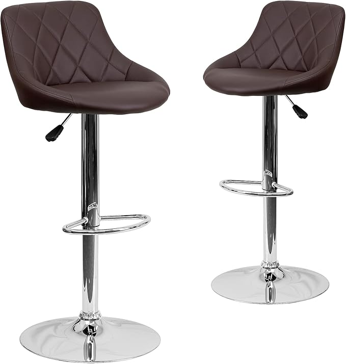 Flash Furniture Caldwell 2 Pack Contemporary Brown Vinyl Bucket Seat Adjustable Height Barstool with Diamond Pattern Back and Chrome Base