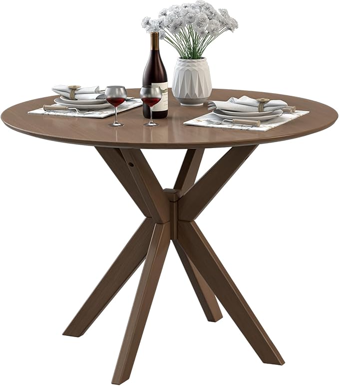 ERGOMASTER Round Dining Table, 36" Kitchen Table, Rubber Wood Legs, Brown