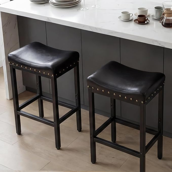 Counter Height Bar Stools, 25.5 Inch, Industrial Vintage Bar Stool with Nailhead, Faux Leather Barstool with Footrest, Saddle Stool for Kitchen Island, Dining Room, Easy Assembly