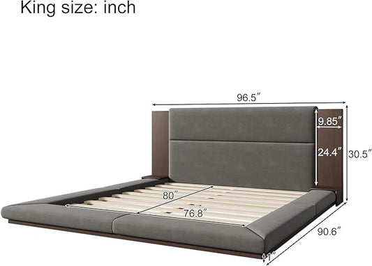 Merax King Size Floor Upholstered Platform Bed with Extended Wood Headboard and Bedside Shelf,No Box Spring Needed,Gray