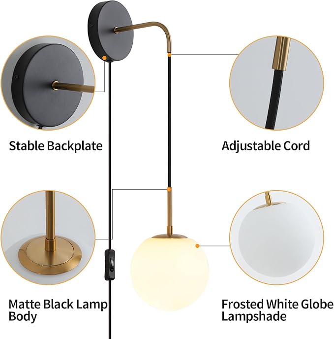 Plug in Wall Sconces Set of 2 Black and Brass Gold Wall Sconces Set of Two Plug in Hanging Wall Lamp with Plug in Cord with Globe White Glass Shade Vintage Wall Lights with Switch for Bedside