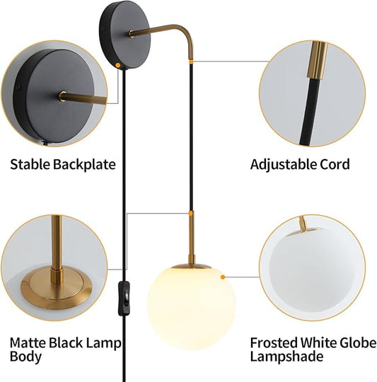 Plug in Wall Sconces Set of 2 Black and Brass Gold Wall Sconces Set of Two Plug in Hanging Wall Lamp with Plug in Cord with Globe White Glass Shade Vintage Wall Lights with Switch for Bedside