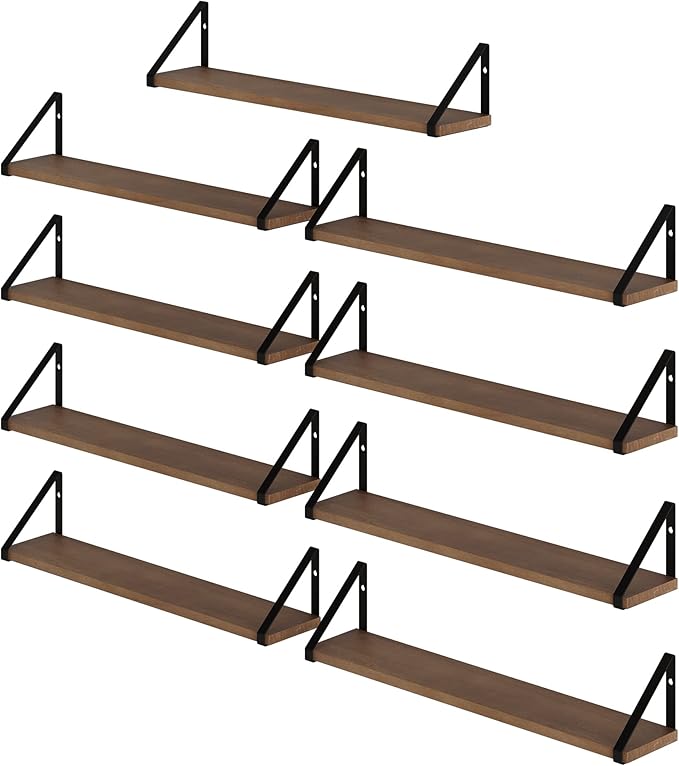 Wallniture Ponza Floating Shelves, Bookshelf for Living Room Decor, Kitchen Organization, Wall Shelves, Dining Room & Office Wall Decor, Walnut 24"x4.5" Set of 9