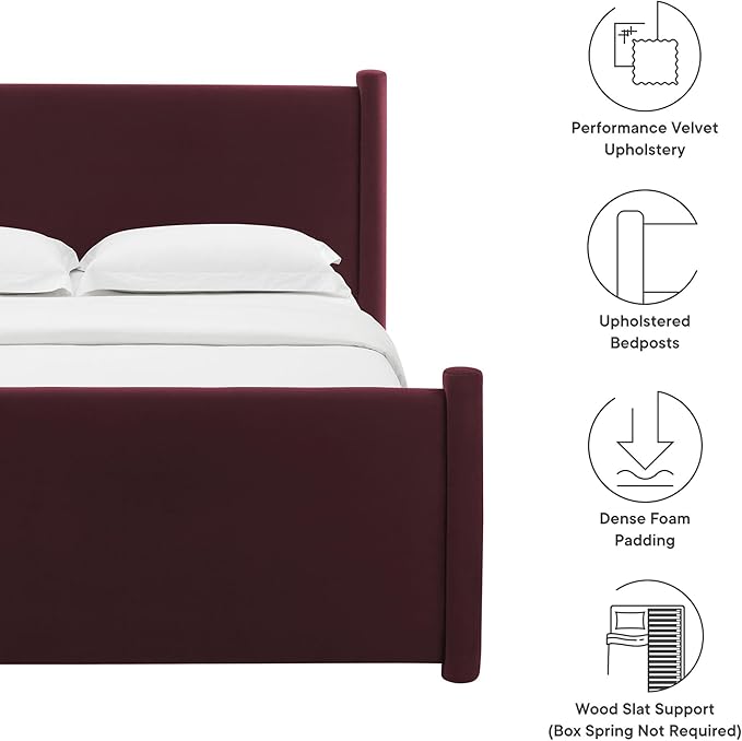 Modway Rael King Platform Bed Frame with Upholstered Headboard and Footboard in Mulberry – Stain-Resistant Performance Velvet King Size Bed with Rounded Posts