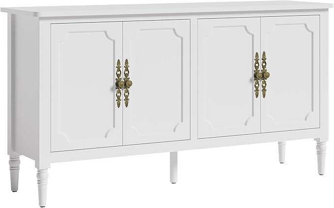 Sideboard with 4 Doors, Mid-Century Console Table with Adjustable Shelves, Accent Cabinet for Entryway, Living Room, Dining Room, White