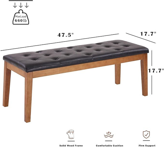 Ottoman Bench Upholstered Padded Seat with Solid Wood Legs and Button-Tufted, Big Oversized Ottoman, Faux Leather Retro Brown