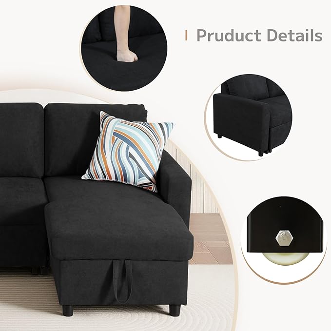 Yafylly L-Shaped Sleeper Sofa with Chaise Lounge & Storage, Pull-Out Couch Bed with Recliner, Full Size Futon for Living Room, Office, Apartment Black