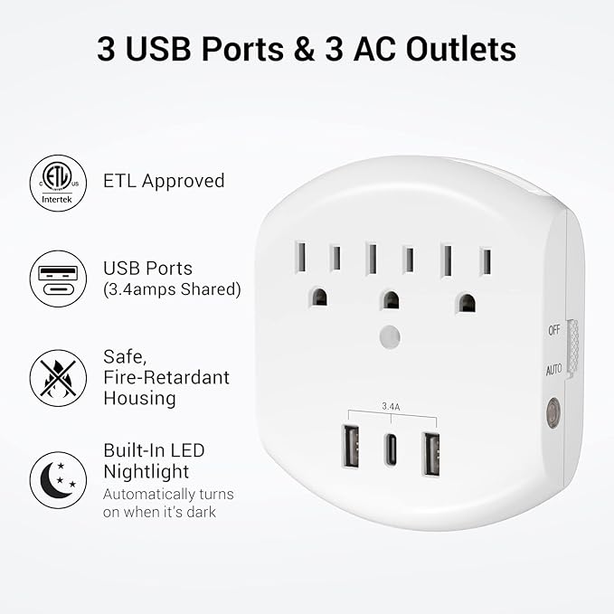 Clear Power 2-Pack USB Wall Charger, 3-Outlet Extender Wall-Tap with 3 USB Charging Ports(1 USB-C) & Nightlight, 3-Prong, White, ETL Listed, DC3S-10032P-DC