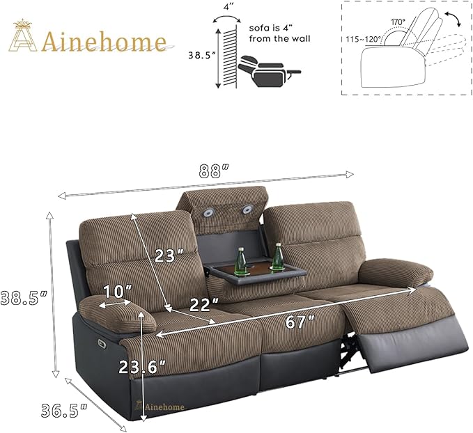 A Ainehome Power Recliner Sofa with LED Light, Living Room Furniture Sets, Power Reclining Sectional Sofa Couches for Living Room/Office/RV with USB Port/Hidden Storage