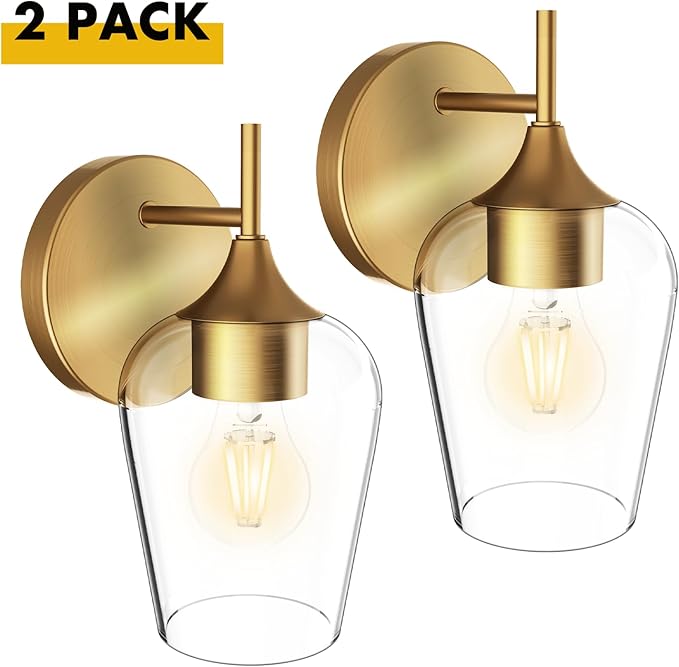 Hamilyeah Gold Sconces Wall Lighting Set of 2, Bathroom Wall Lighting Fixtures Brass, Modern and Vintage Wall Lights with Clear Champagne Glass Shade for Bedroom,Fireplace,Hallway,Kitchen