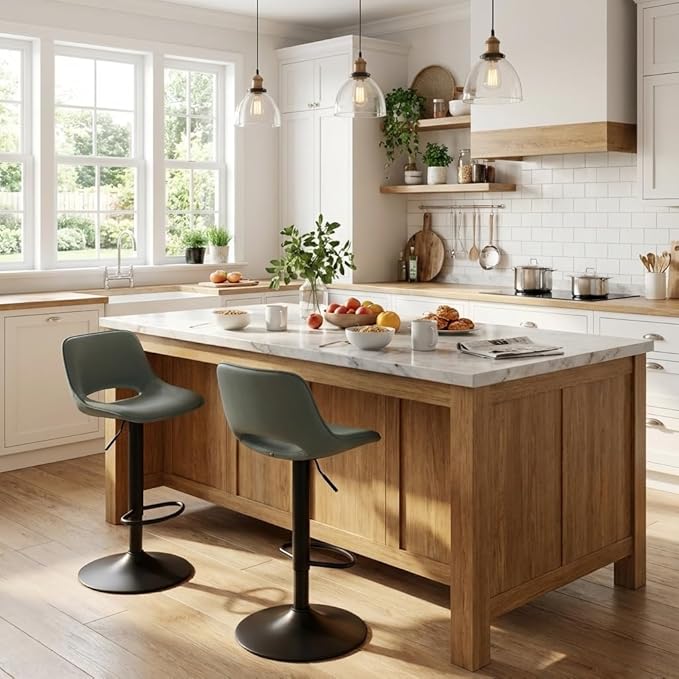 YOUNIKE Bar Stools Set of 2 Modern Swivel Barstools, Adjustable Counter Height Bar Stools Faux Leather Upholstered Counter Stools with Hollow Back for Kitchen Island, Greyish Green