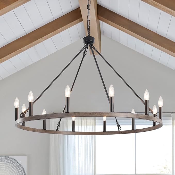 12-Light Black Wagon Wheel Chandelier, 38''Rustic Farmhouse Chandelier,Round Hanging Ceiling Pendant Light Fixture,for Kitchen Island Living Dining Room Bedroom Hallway Entryway Foyer