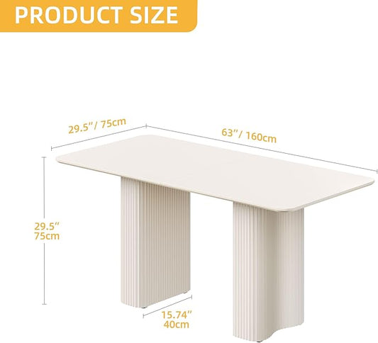 DWVO 63'' Dining Table for 4-6 People Modern Rectangular Kitchen Table with Solid Wave Curved Legs Large Cream White for Dining Room Kitchen Home Office Apartment Office White