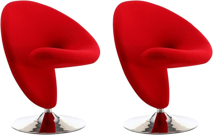 Manhattan Comfort Curl Mid Century Modern Wool Blend Upholstered Living Room Swivel Accent Chair with Chrome Metal Base, Set of 2, Red