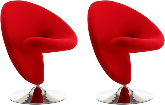 Manhattan Comfort Curl Mid Century Modern Wool Blend Upholstered Living Room Swivel Accent Chair with Chrome Metal Base, Set of 2, Red