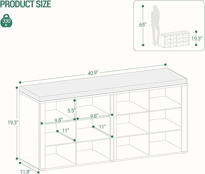Shoe Bench with Cushion, Entryway Storage Bench with 12 Cubbies, Cubby Shoe Rack with Adjustable Shelves, Shoe Organizer Cabinet for Living Room, Bedroom, Entryway, Black SB19004GY