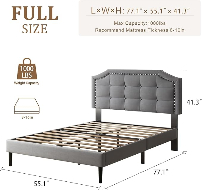 Full Size Bed Frame, Full Size Platform Bed Frame with Upholstered Button Tufted Headboard, Strong Wood Slats, No Box Spring Needed, Mattress Foundation, Easy Assembly Grey