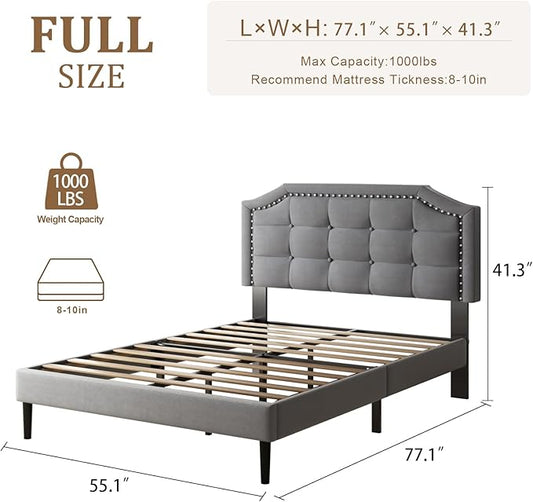 Full Size Bed Frame, Full Size Platform Bed Frame with Upholstered Button Tufted Headboard, Strong Wood Slats, No Box Spring Needed, Mattress Foundation, Easy Assembly Grey