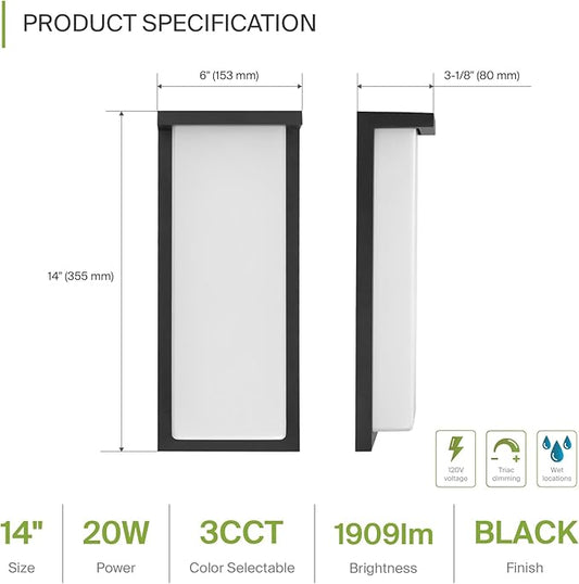 ASD LED 14" Outdoor Wall Light, Front Door House Sconce | 3CCT, Dimmable, Waterproof, ETL Listed | 20W 1900LM 3000-5000K 120V | Exterior Patio Lighting Fixture, Flush Mount Porch Lamp | Black